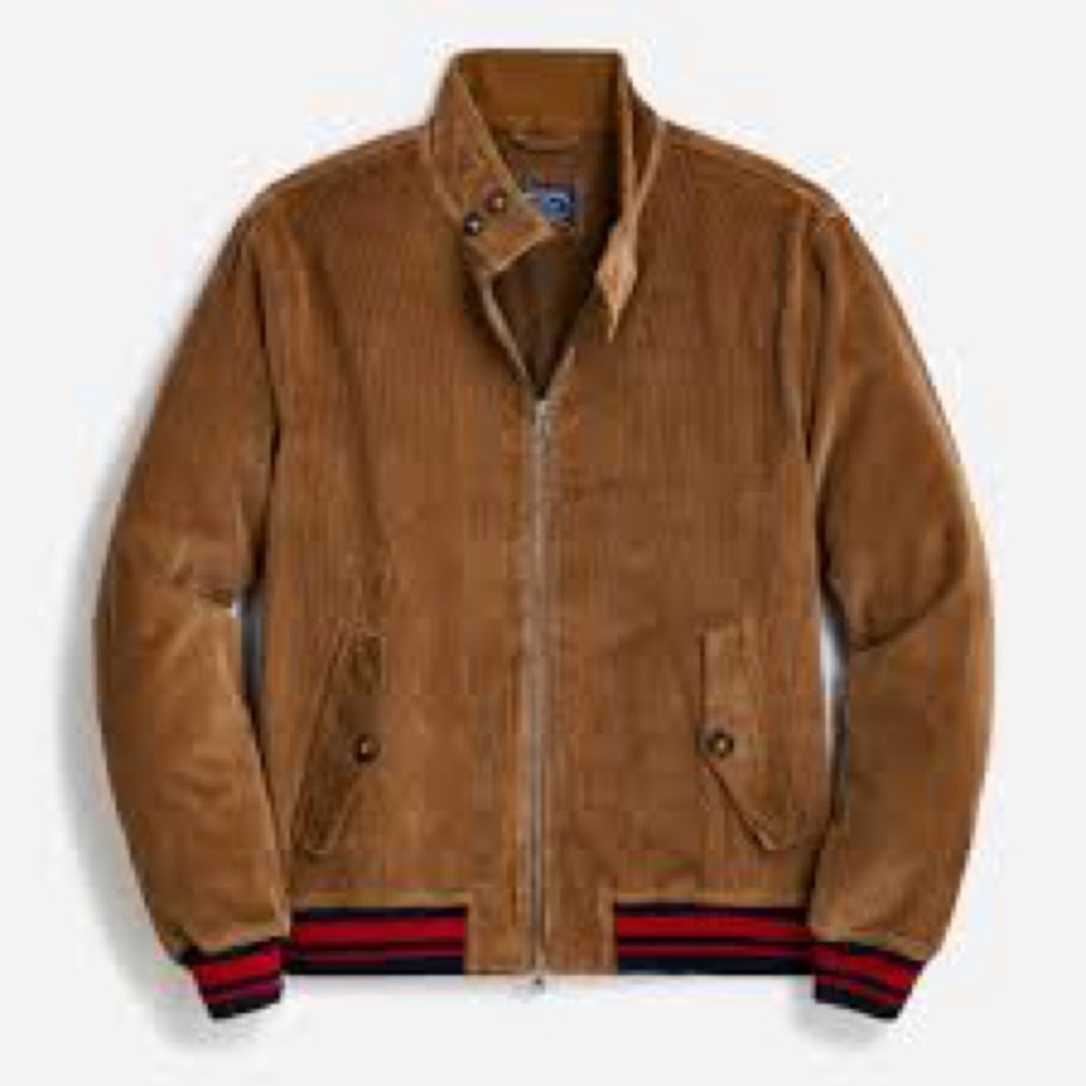 J. Crew Tan‎ Corduroy Bomber Harrington Jacket with Striped Hem Size XL EUC